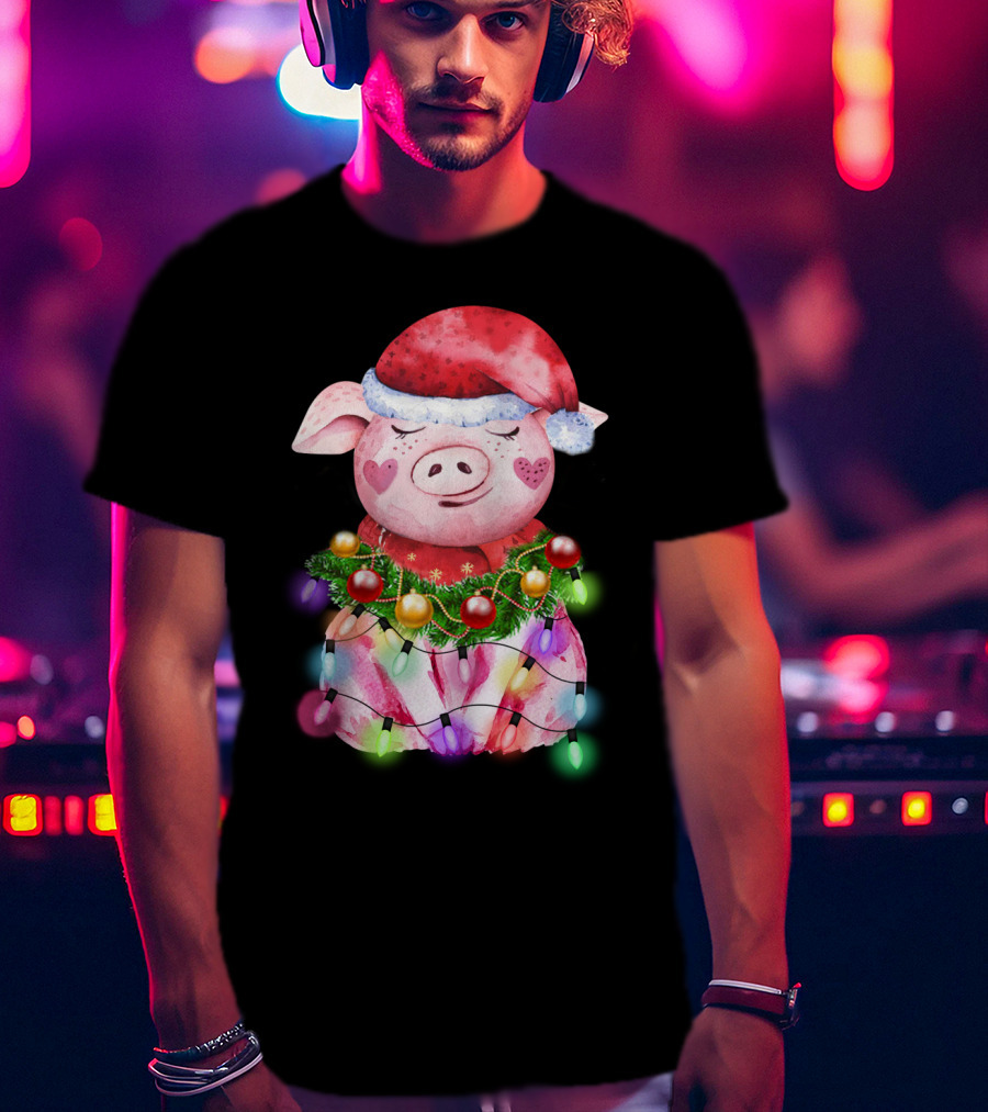 Santa Hat Heart Cheek Pink Pig Wrapped In Christmas Lights T-Shirt