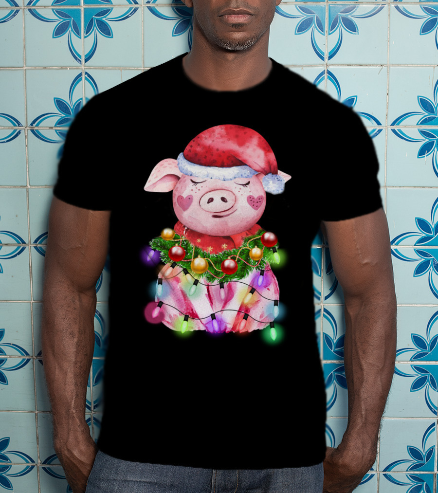 Santa Hat Heart Cheek Pink Pig Wrapped In Christmas Lights T-Shirt