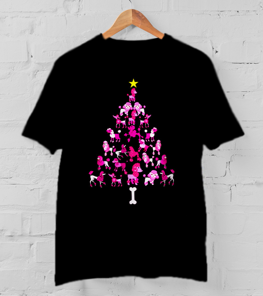 Poodles Dogs Forming Christmas Tree With Star And Bone Base T-Shirt