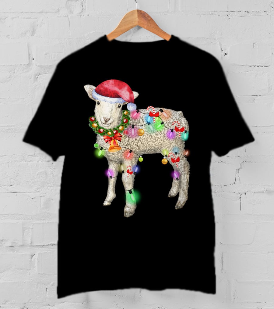 Christmas Sheep With Santa Hat And Holiday Lights T-Shirt
