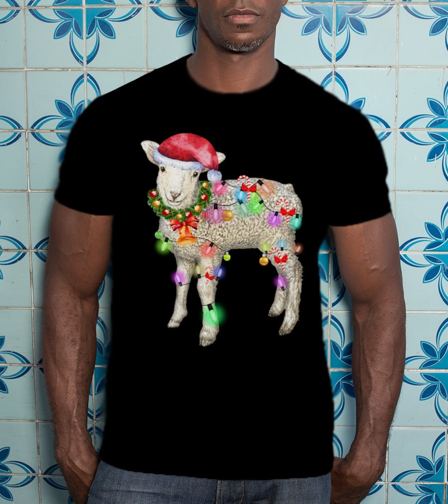 Christmas Sheep With Santa Hat And Holiday Lights T-Shirt