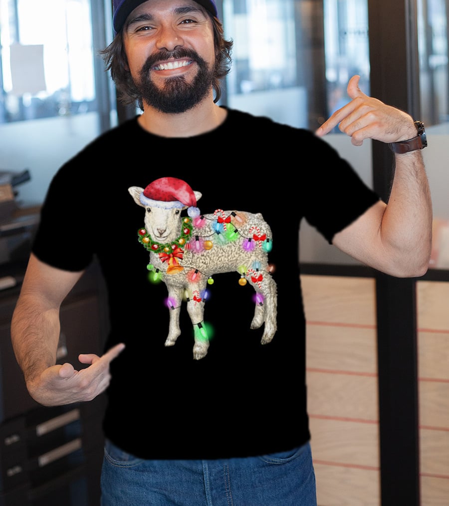 Christmas Sheep With Santa Hat And Holiday Lights T-Shirt