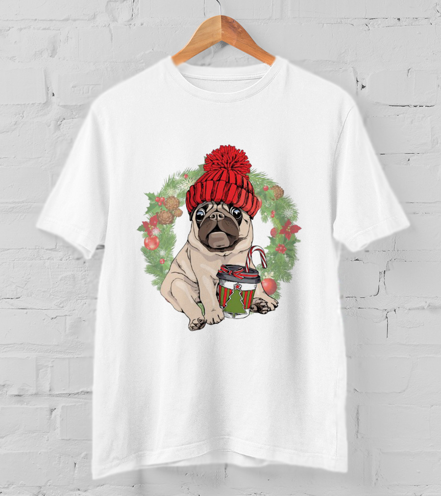 Festive Pug In Red Hat Holding Christmas Cup Surrounded By Holiday Wreath T-Shirt
