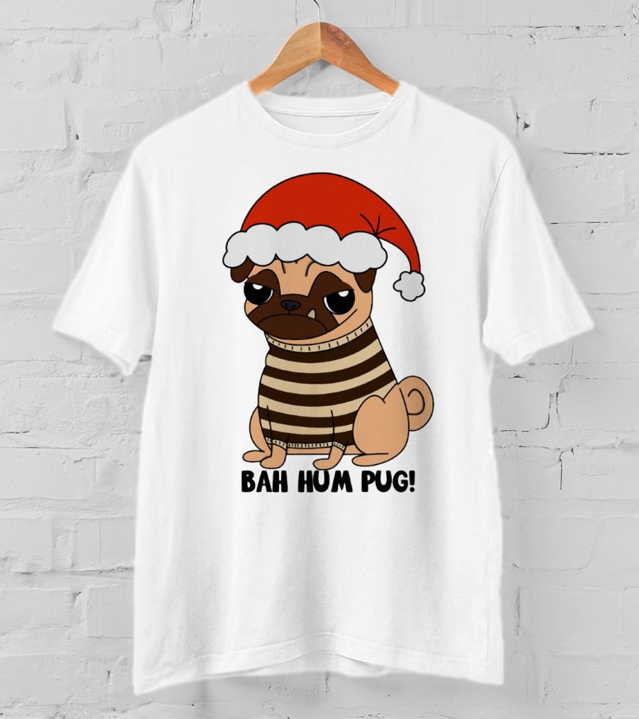 Bah Hum Pug Christmas Santa Hat Grumpy Holiday Pug Stripe T-Shirt