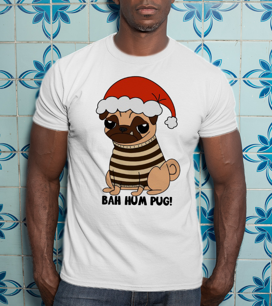 Bah Hum Pug Christmas Santa Hat Grumpy Holiday Pug Stripe T-Shirt