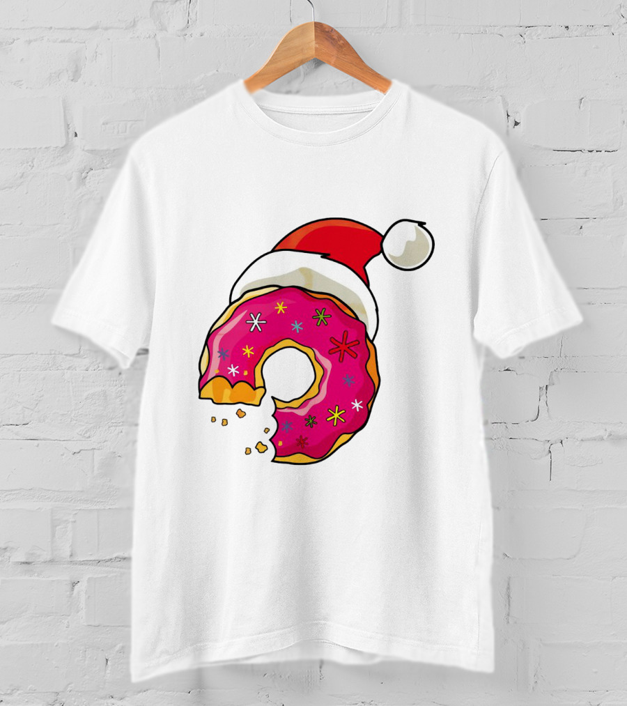 Santa Hat Candy Xmas Donut With Pink Frosting And Stars T-Shirt