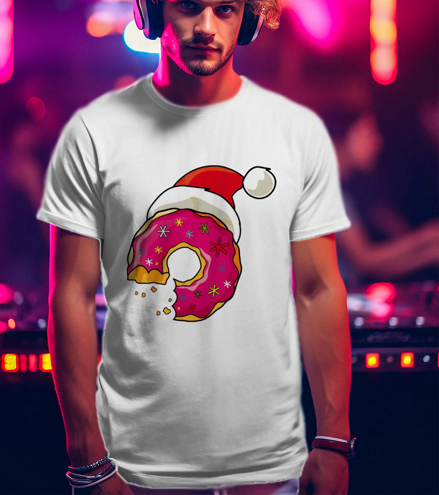 Santa Hat Candy Xmas Donut With Pink Frosting And Stars T-Shirt