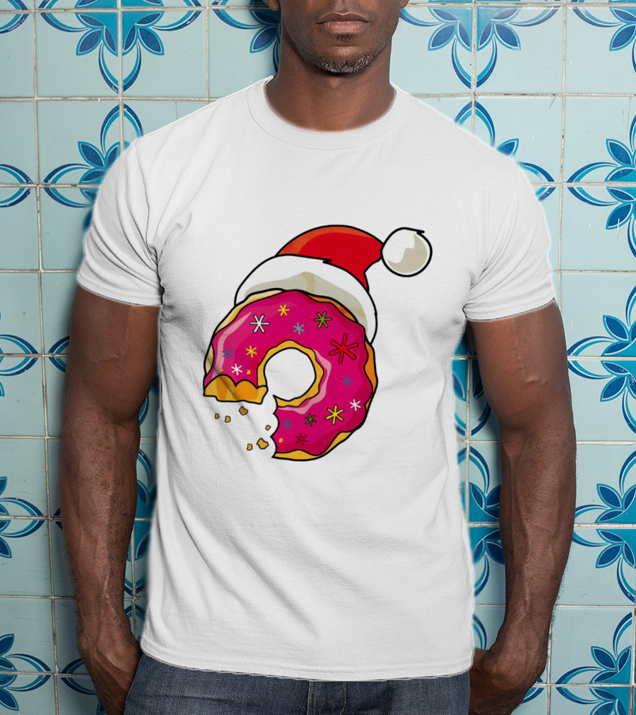 Santa Hat Candy Xmas Donut With Pink Frosting And Stars T-Shirt