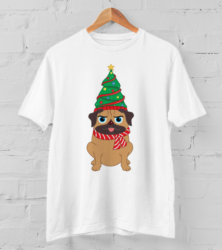 Snuggly Pug With Christmas Tree Hat And Festive Scarf Holiday T-Shirt