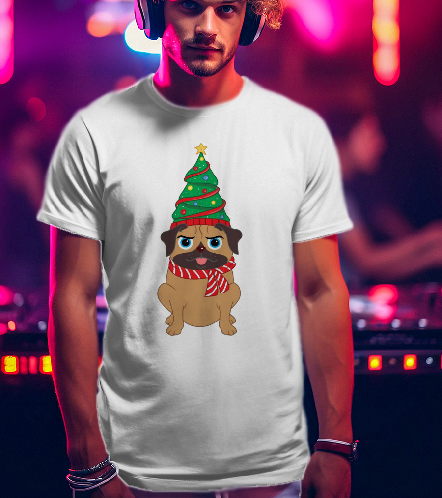 Snuggly Pug With Christmas Tree Hat And Festive Scarf Holiday T-Shirt