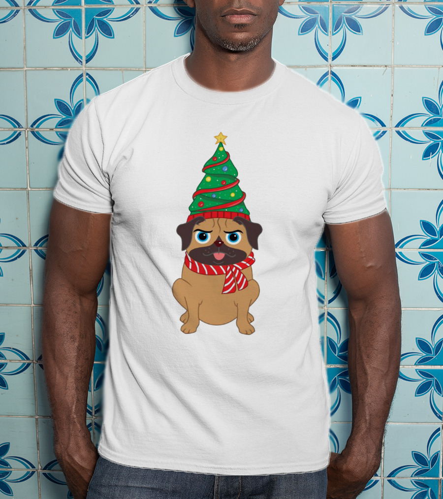 Snuggly Pug With Christmas Tree Hat And Festive Scarf Holiday T-Shirt