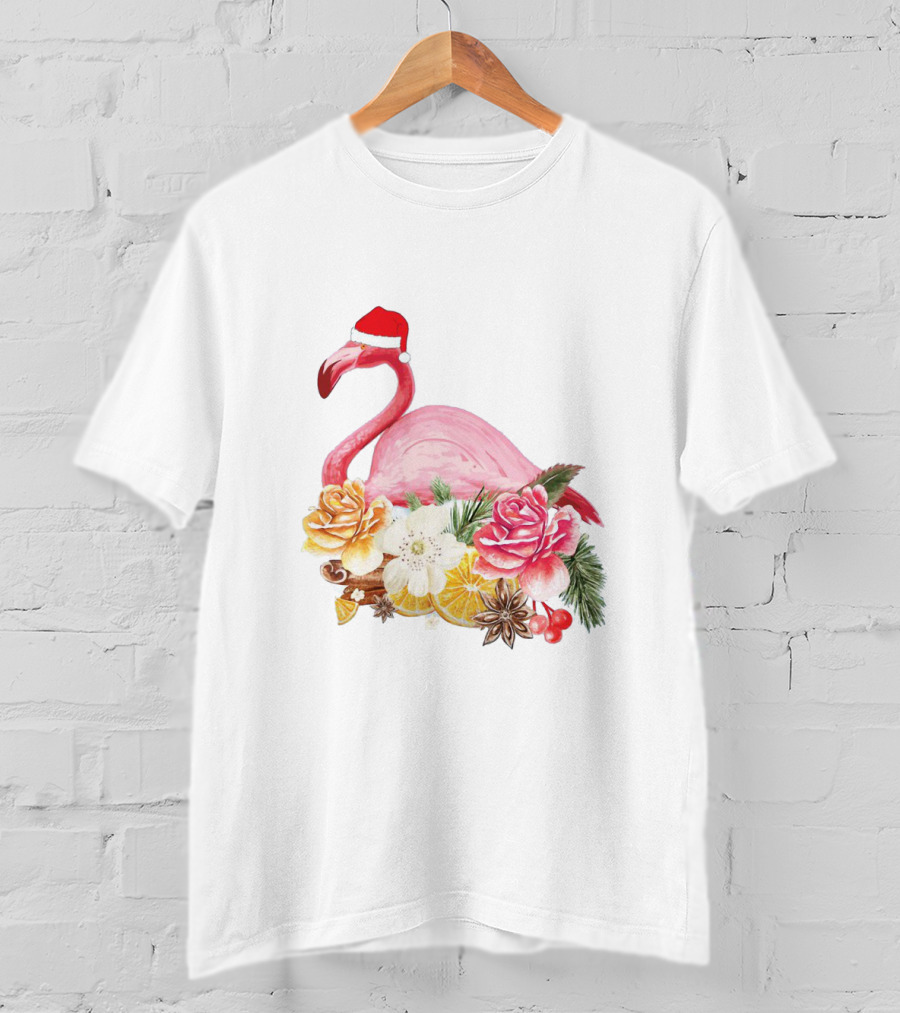 Festive Flamingo With Santa Hat And Holiday Floral Arrangement T-Shirt