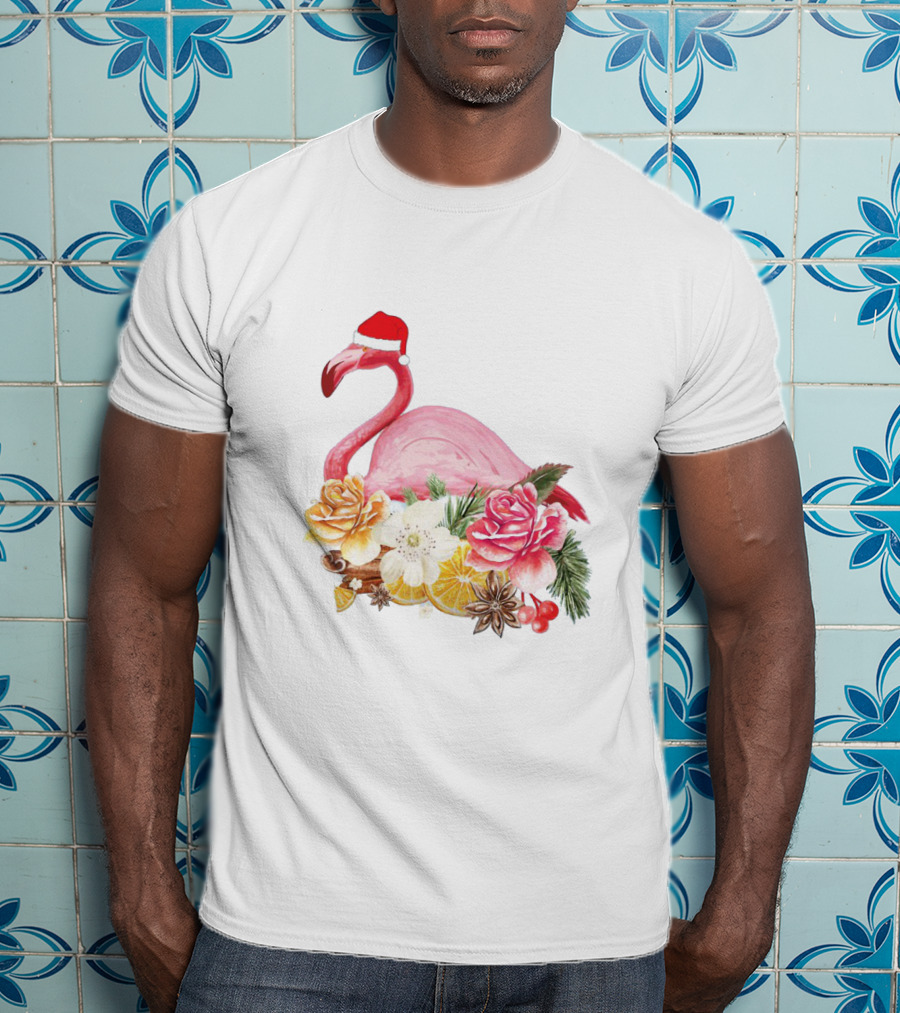 Festive Flamingo With Santa Hat And Holiday Floral Arrangement T-Shirt