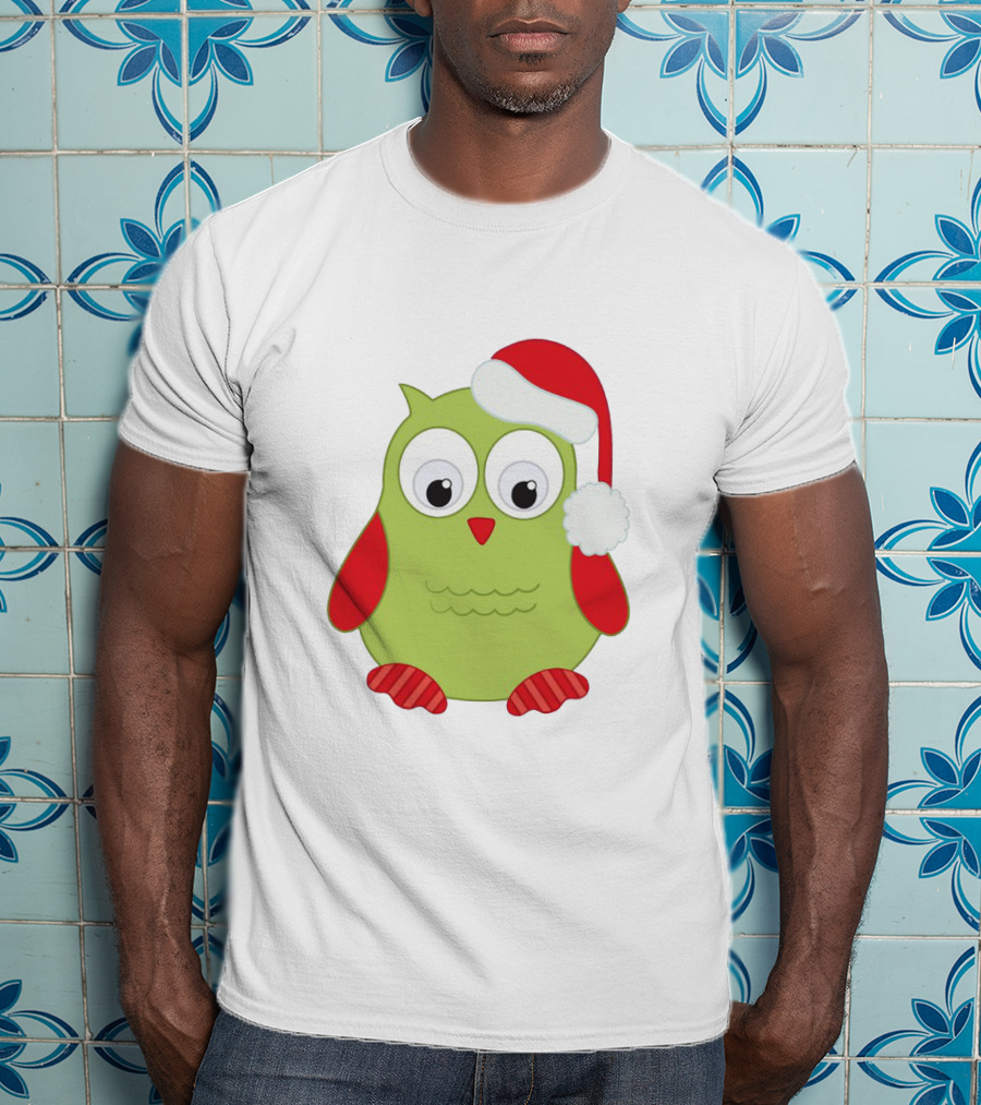 Cute Santa Owl Christmas Green And Red Cartoon Owl Santa Hat T-Shirt
