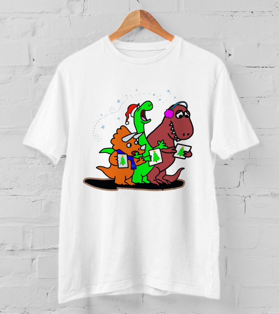 Dinosaur Trio Singing Christmas Carols With Festive Hats And Tree Cards T-Shirt