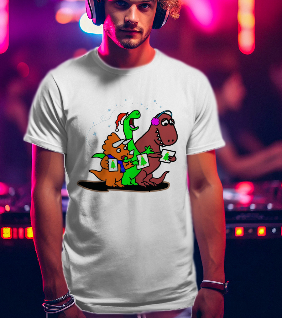 Dinosaur Trio Singing Christmas Carols With Festive Hats And Tree Cards T-Shirt