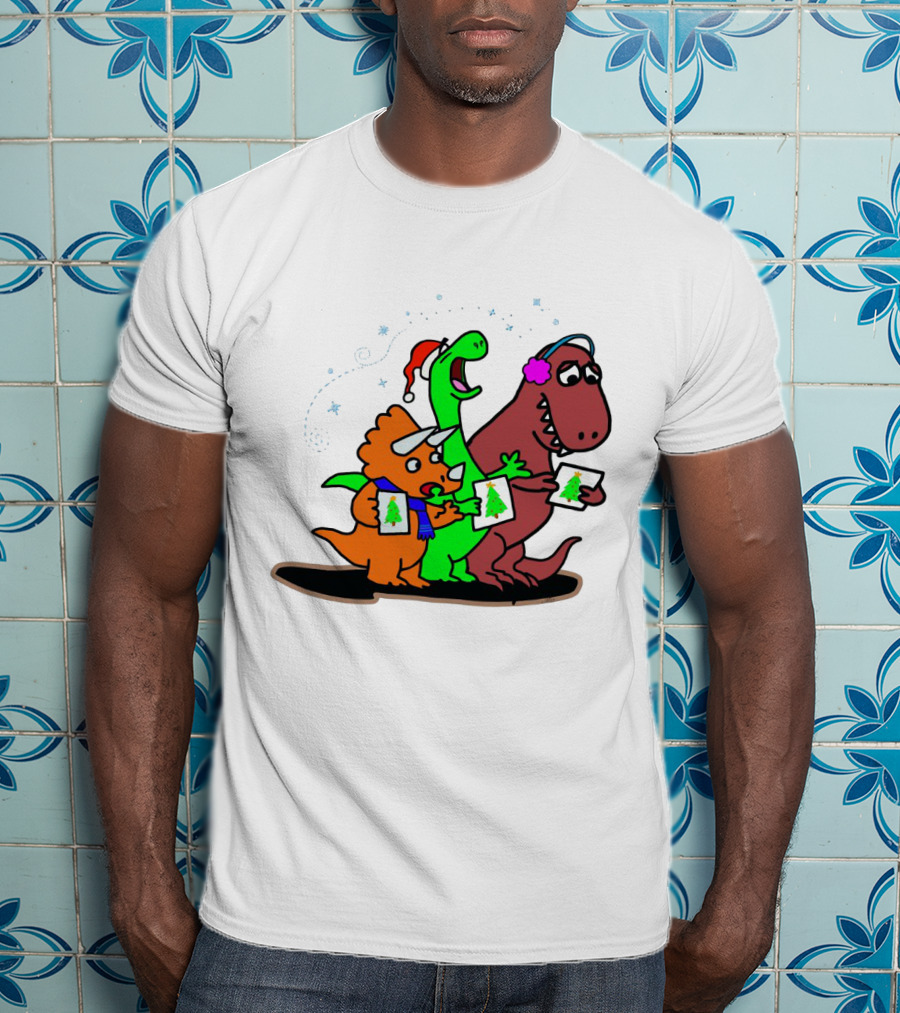 Dinosaur Trio Singing Christmas Carols With Festive Hats And Tree Cards T-Shirt