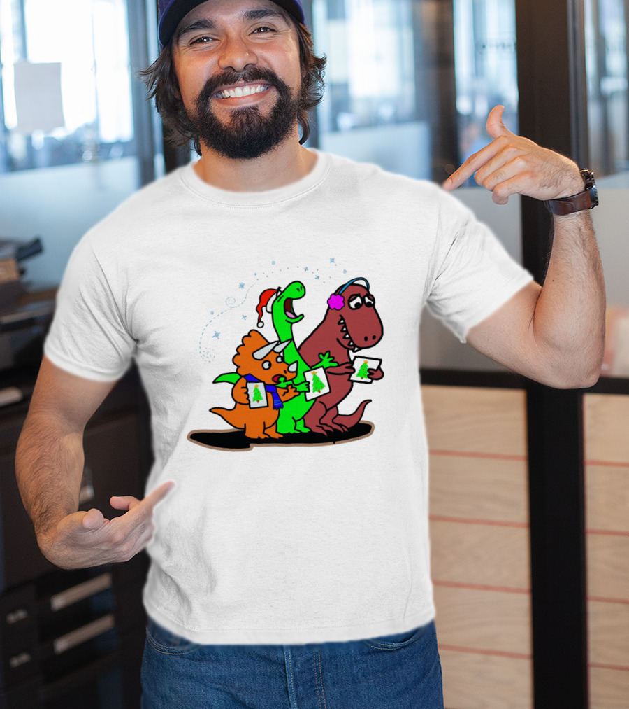 Dinosaur Trio Singing Christmas Carols With Festive Hats And Tree Cards T-Shirt