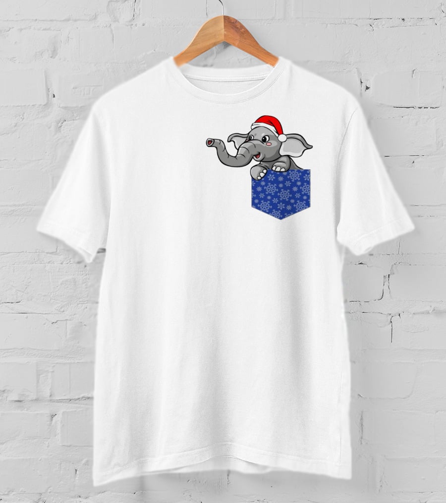 Christmas Holiday Pocket Elephant With Santa Hat And Blue Snowflake Pattern Pocket T-Shirt