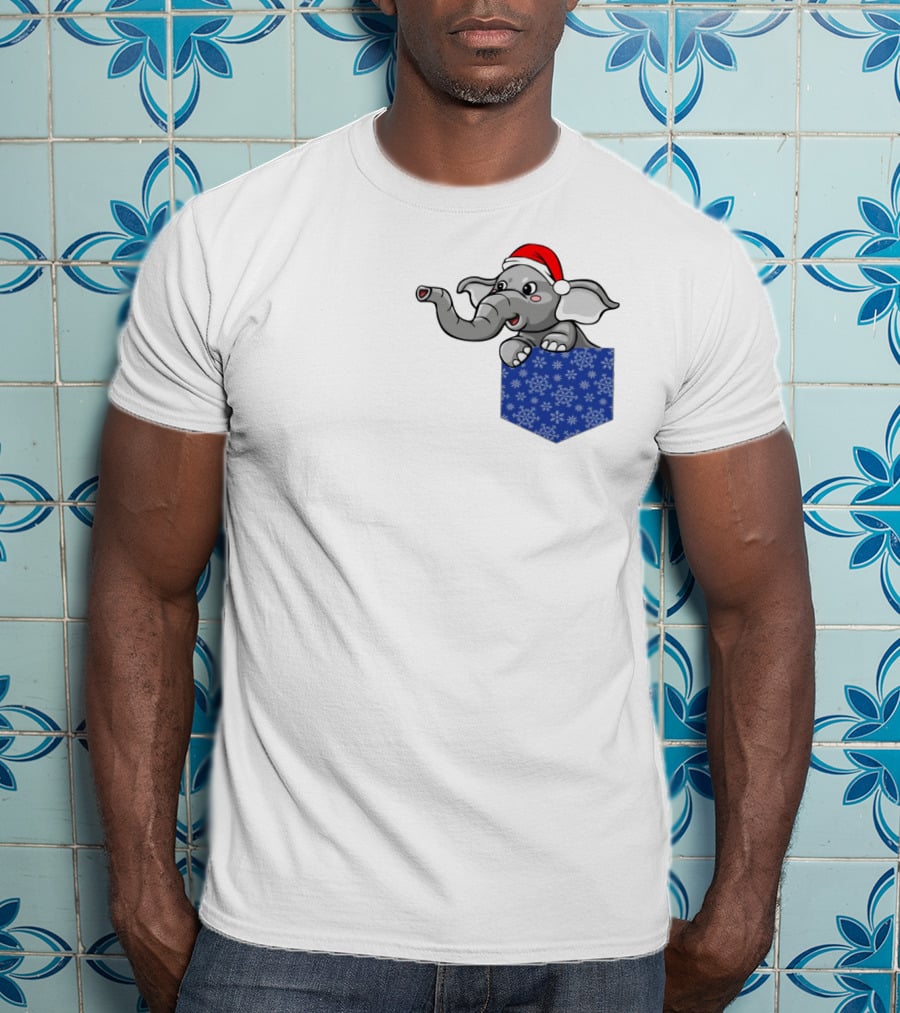 Christmas Holiday Pocket Elephant With Santa Hat And Blue Snowflake Pattern Pocket T-Shirt