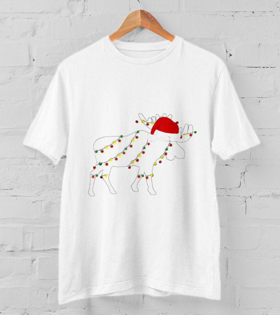 Christmas Moose Wrapped In Colorful Lights Santa Hat Family Matching Holiday T-Shirt
