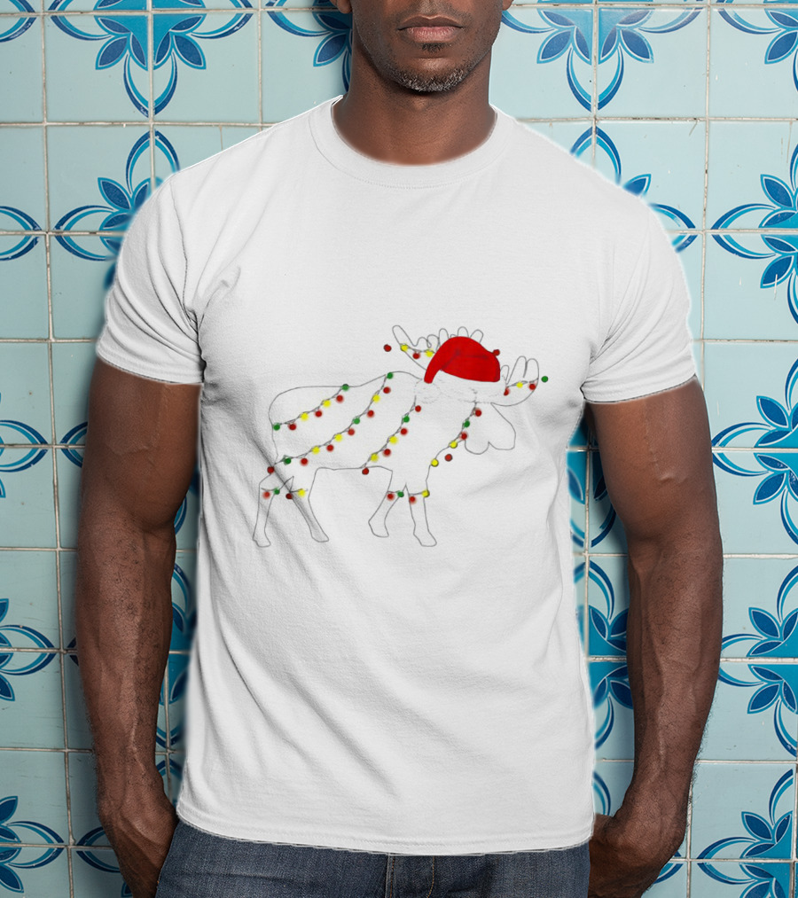 Christmas Moose Wrapped In Colorful Lights Santa Hat Family Matching Holiday T-Shirt