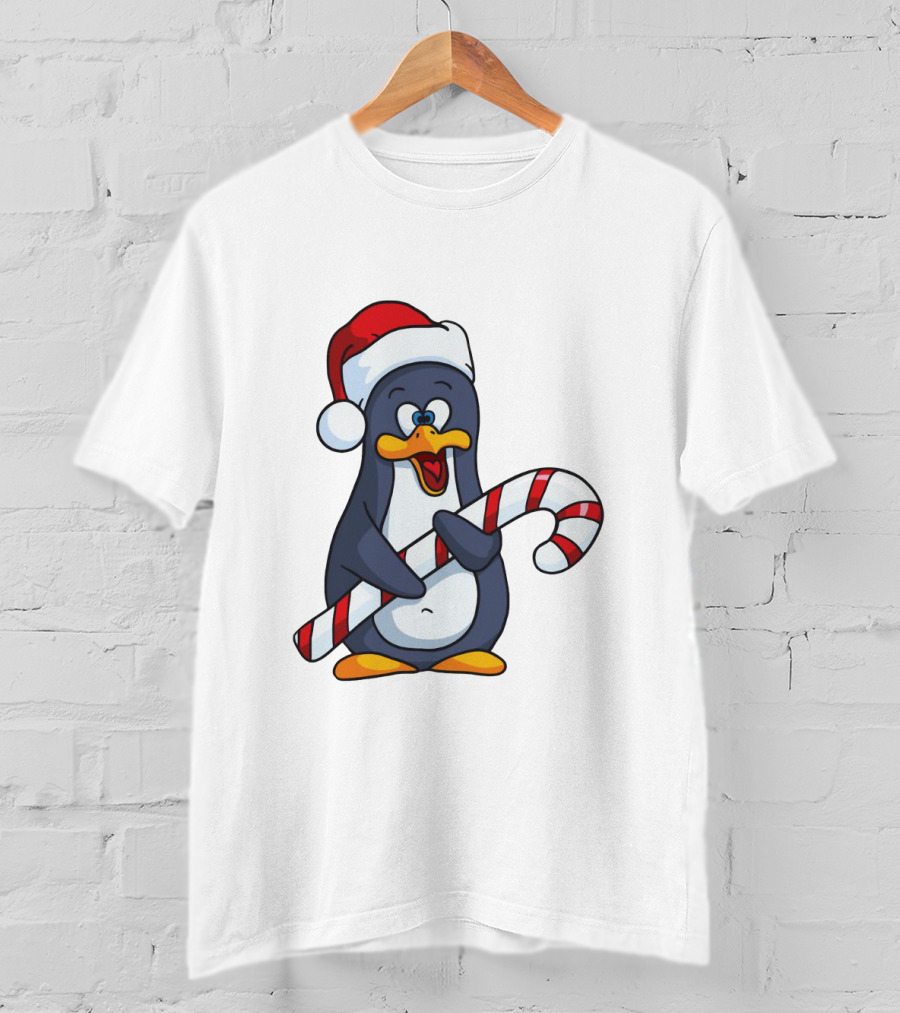 Jolly Christmas Penguin With Santa Hat And Candy Cane T-Shirt