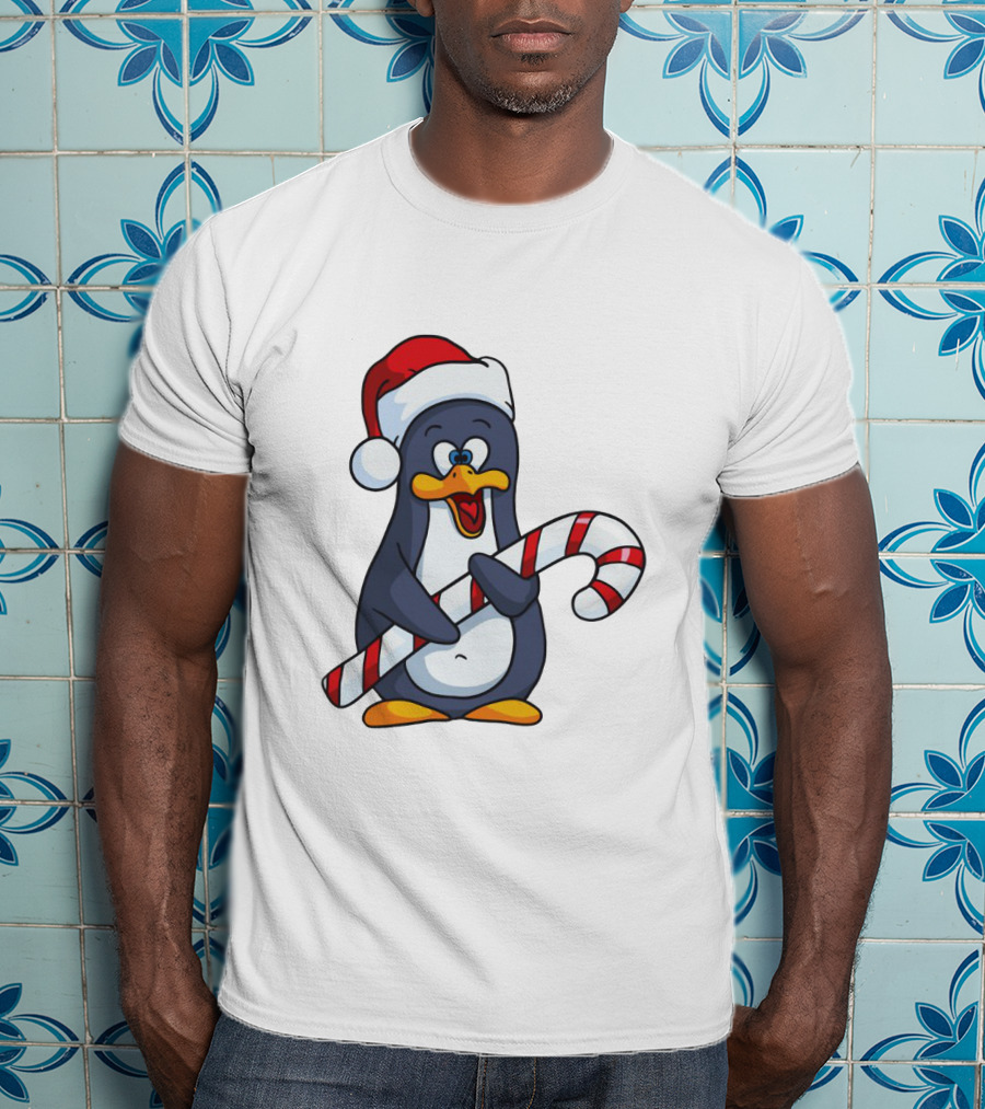 Jolly Christmas Penguin With Santa Hat And Candy Cane T-Shirt