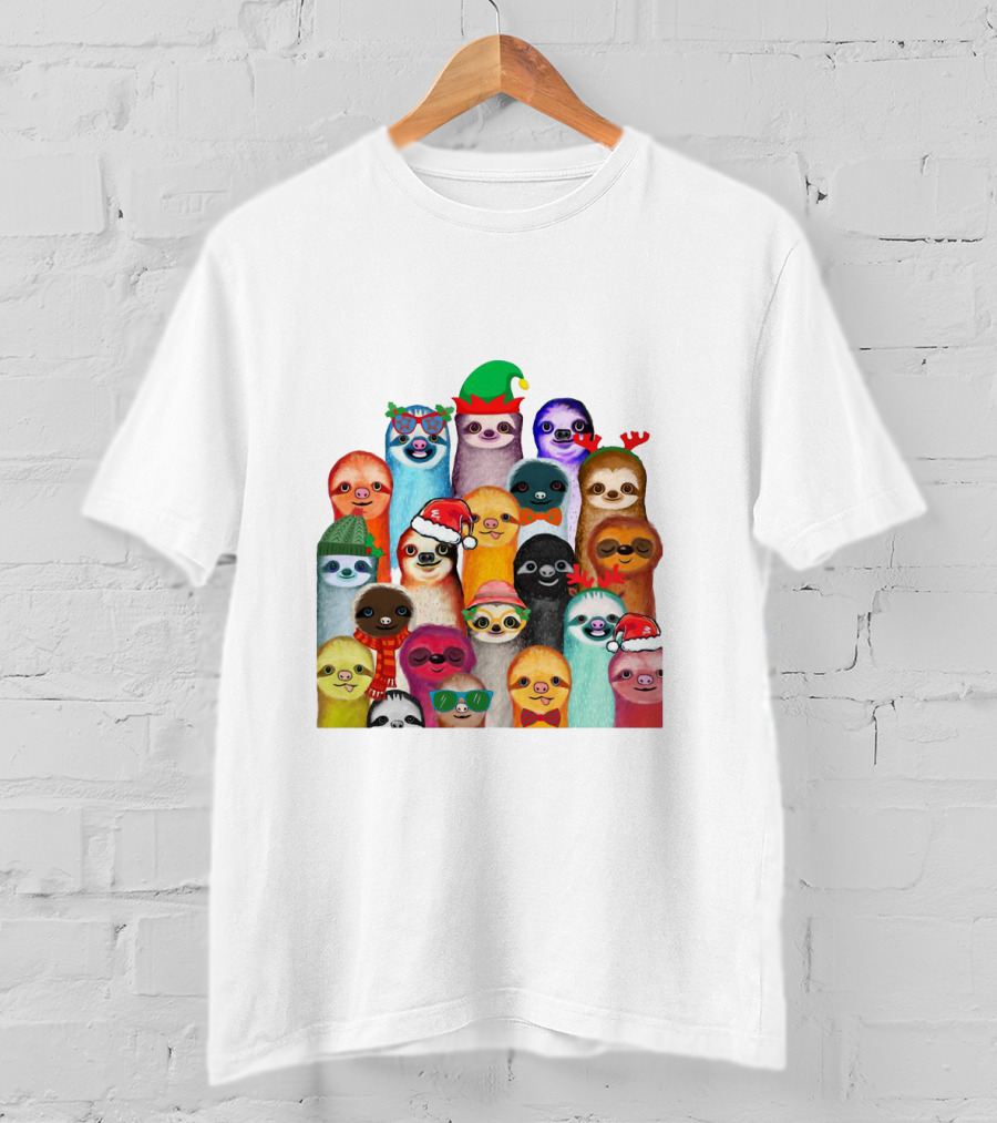 Christmas Sloths Wearing Festive Accessories And Colorful Hats T-Shirt