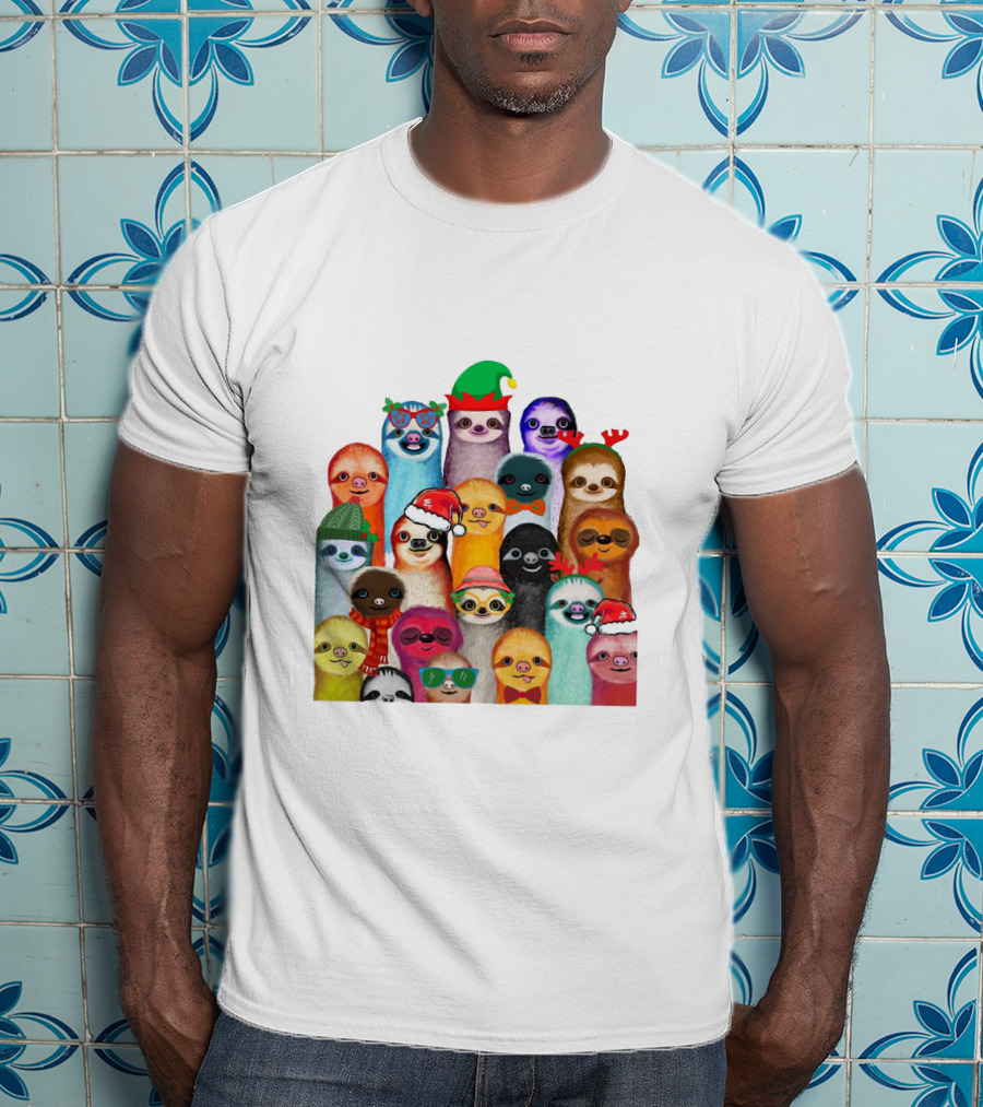 Christmas Sloths Wearing Festive Accessories And Colorful Hats T-Shirt