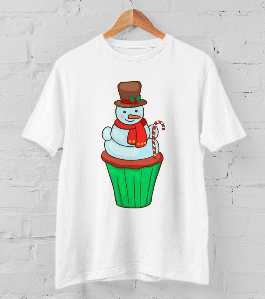 Xmas Cupcake Muffins With Snowman And Candy Cane Holiday T-Shirt