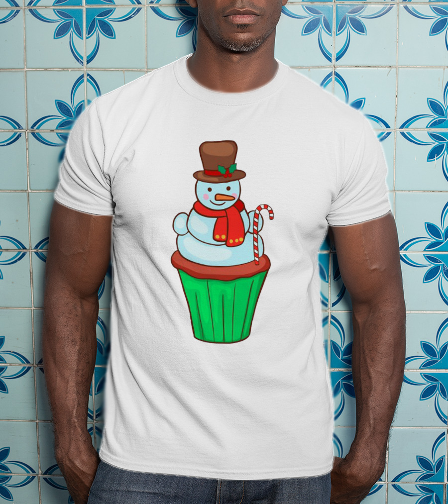 Xmas Cupcake Muffins With Snowman And Candy Cane Holiday T-Shirt