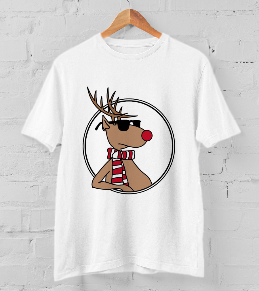 Deer Cool Reindeer In Sunglasses And Striped Scarf T-Shirt