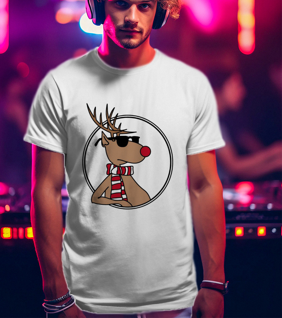 Deer Cool Reindeer In Sunglasses And Striped Scarf T-Shirt