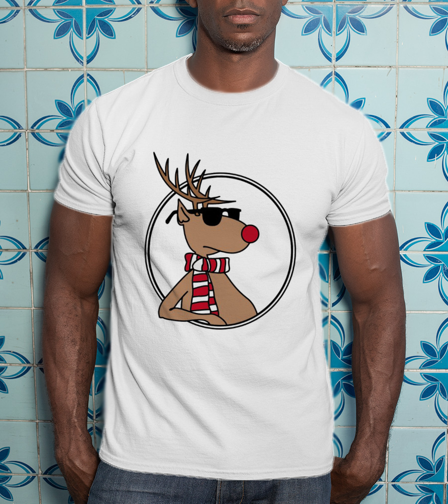 Deer Cool Reindeer In Sunglasses And Striped Scarf T-Shirt