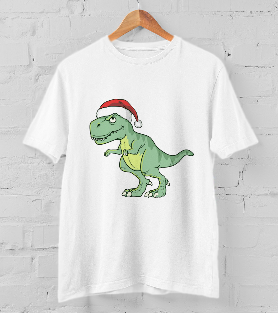 Christmas Dinosaur Wearing Santa Hat T-Shirt