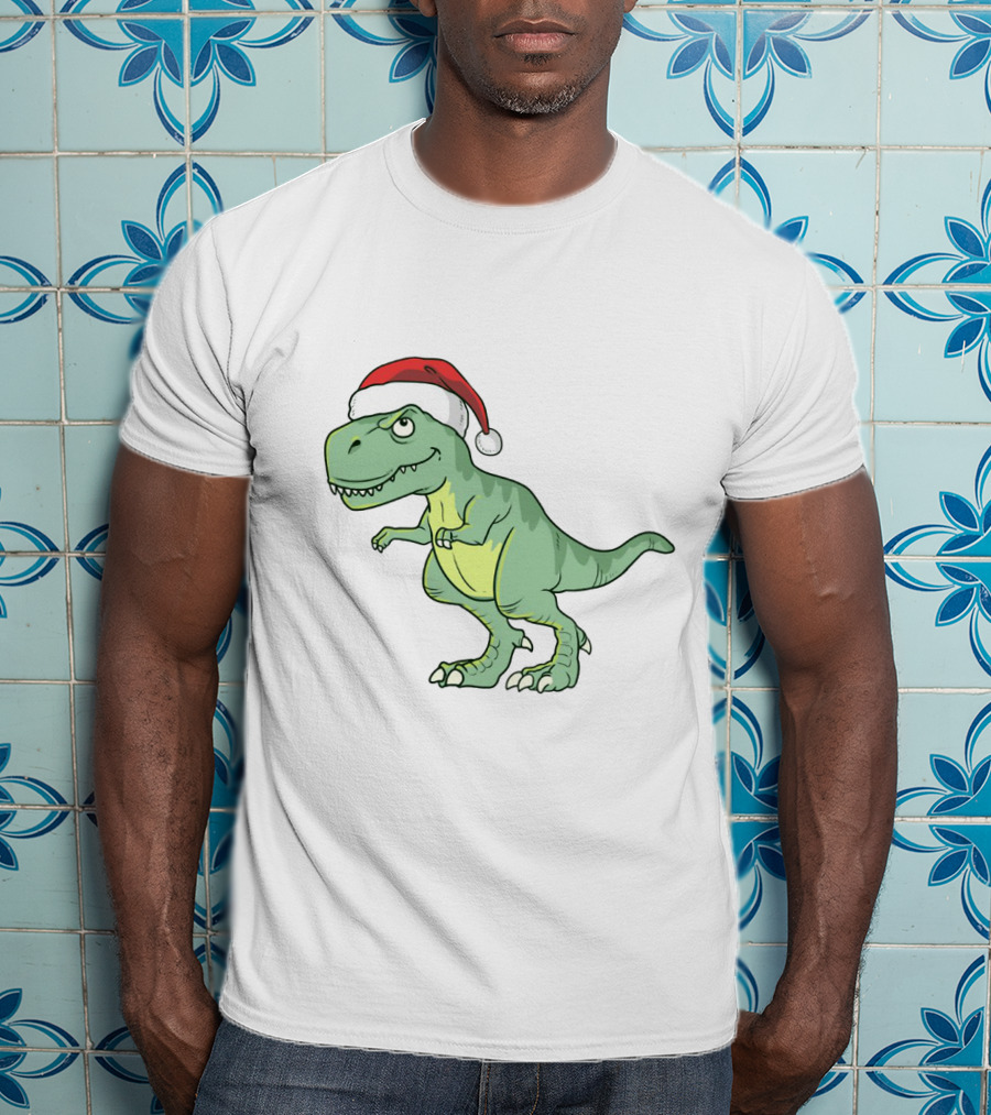 Christmas Dinosaur Wearing Santa Hat T-Shirt