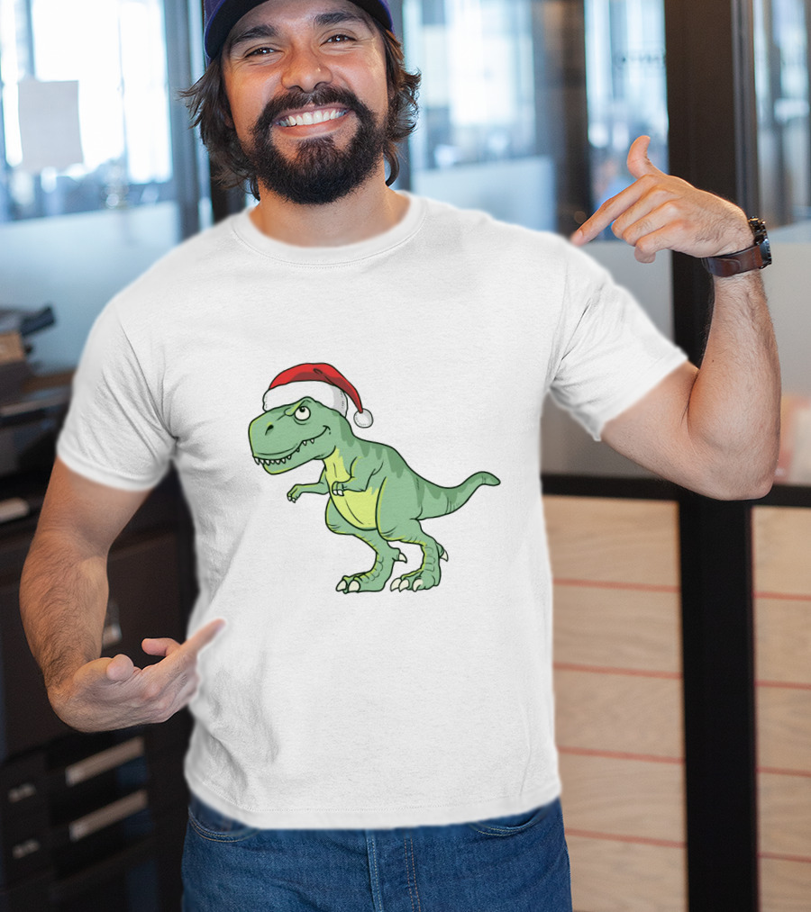 Christmas Dinosaur Wearing Santa Hat T-Shirt