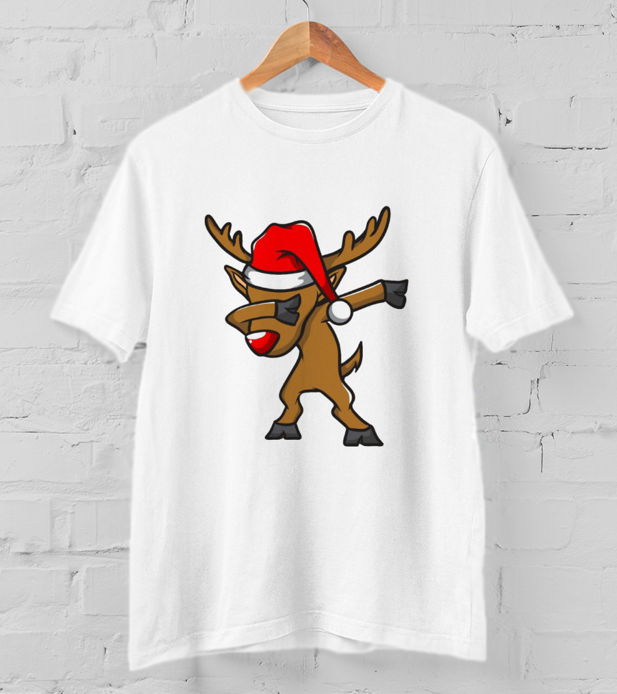 Funny Dabbing Reindeer With Santa Hat Christmas Costume T-Shirt
