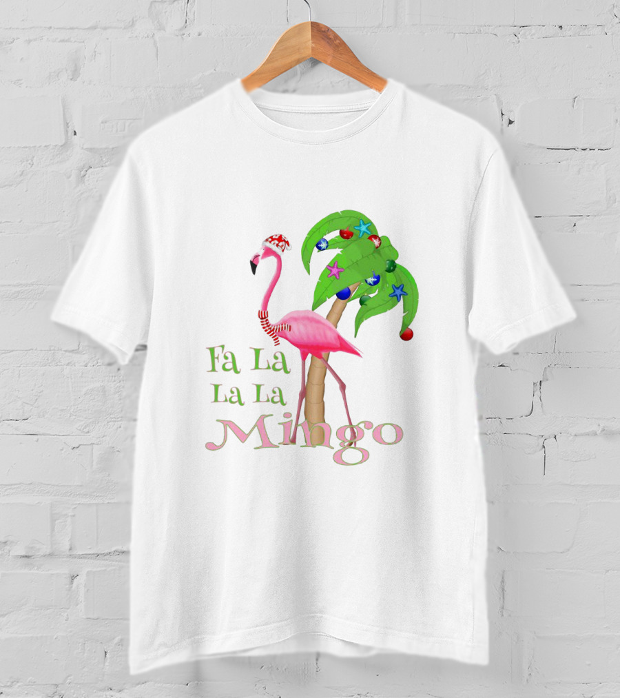 Festive Fa La La La Mingo Pink Flamingo Holiday Tropical Palm Tree T-Shirt