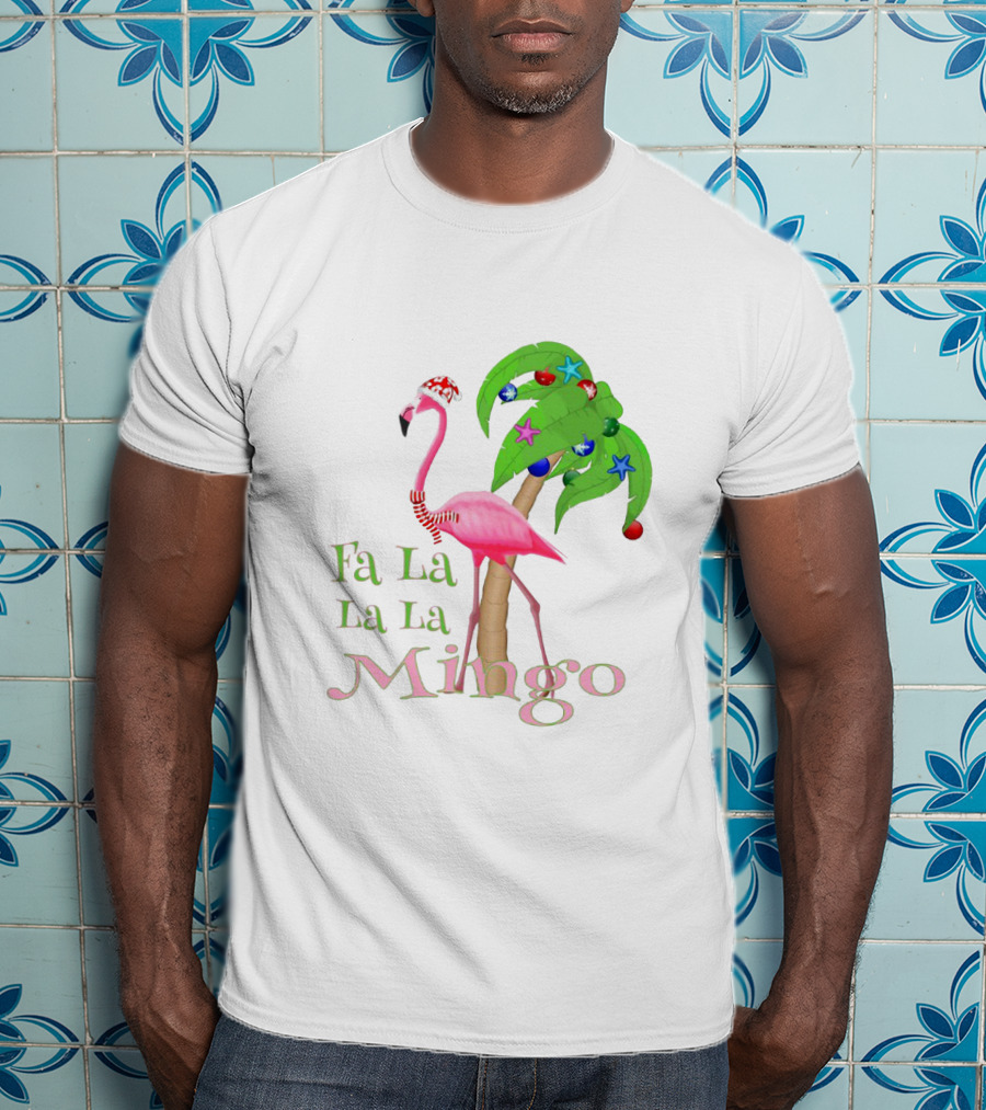Festive Fa La La La Mingo Pink Flamingo Holiday Tropical Palm Tree T-Shirt