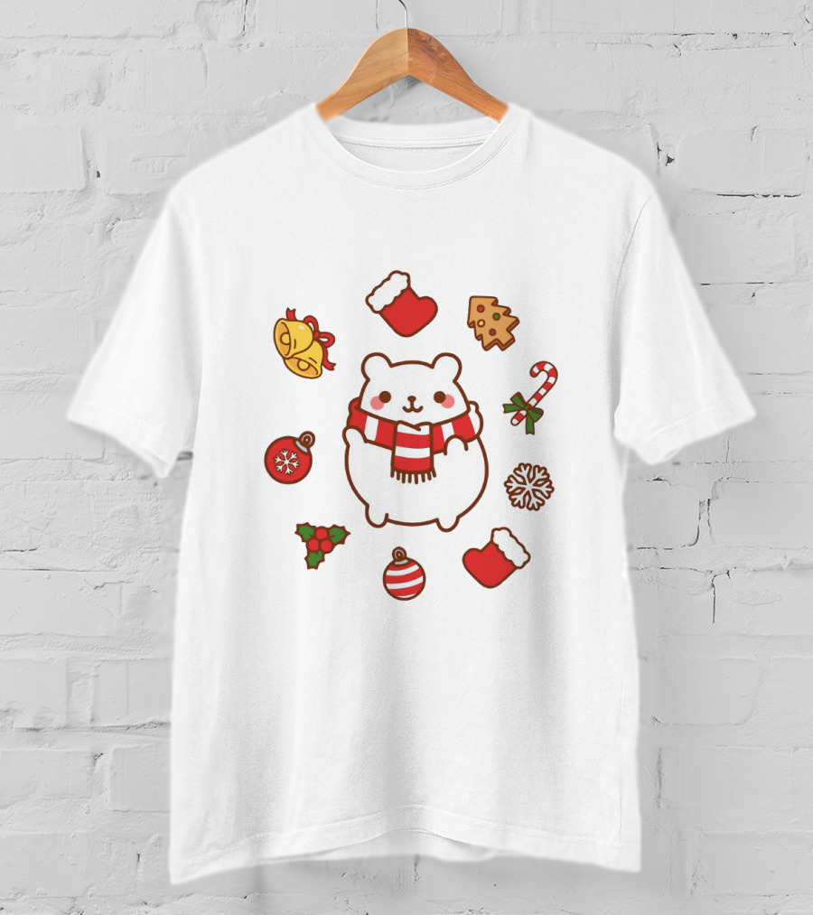 Happy Polar Bear Surrounded By Christmas Holiday Symbols T-Shirt