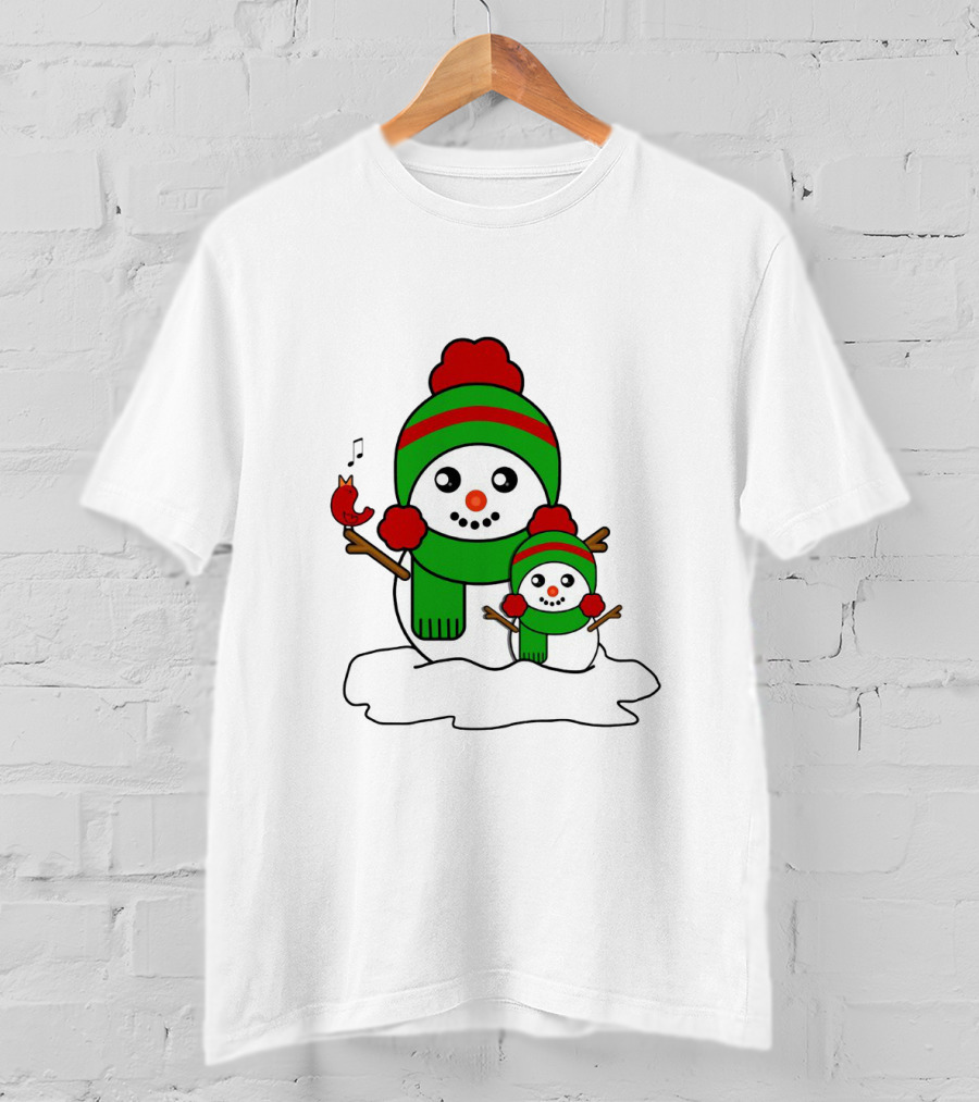 Happy Together Snowman And Singing Cardinal With Red And Green Winter Hats And Scarves T-Shirt