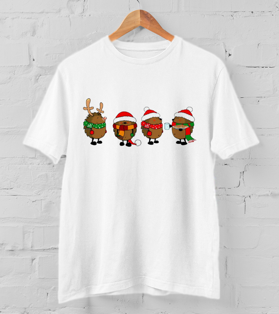 Hedgehogs Christmas Santa Hats Reindeer Antlers Scarf And Mug T-Shirt