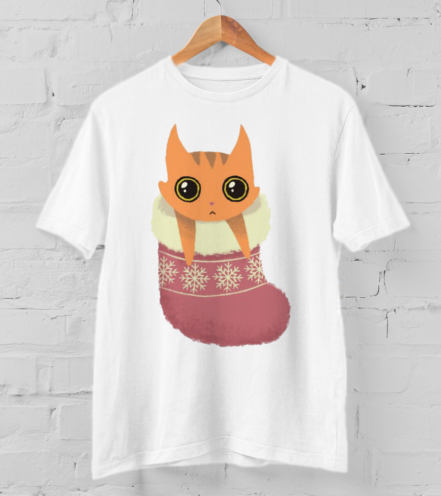 Adorable Orange Cat In Festive Christmas Stocking With Snowflake T-Shirt