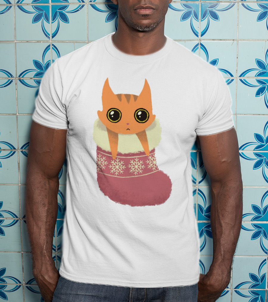 Adorable Orange Cat In Festive Christmas Stocking With Snowflake T-Shirt