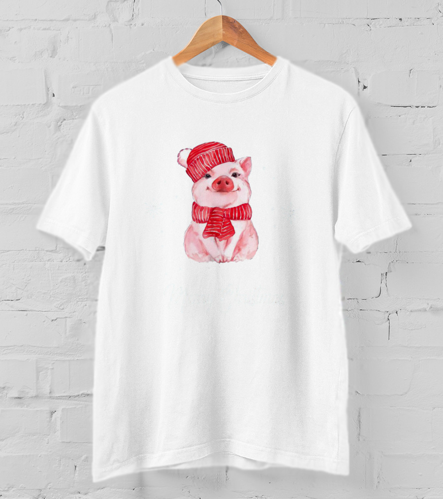 Merry Christmas Cute Pig With Red Scarf And Hat T-Shirt