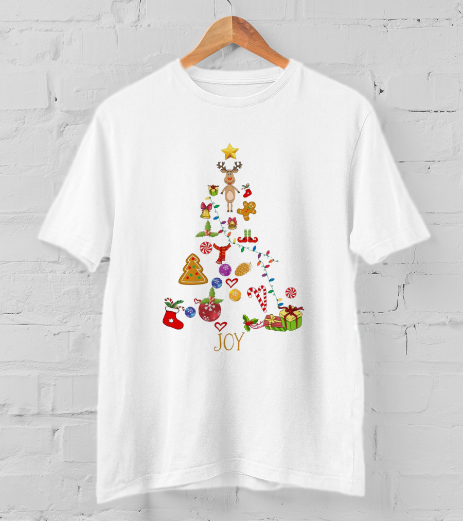 Joyful Merry Xmas Tree With Festive Ornaments And Reindeer Star Topper T-Shirt