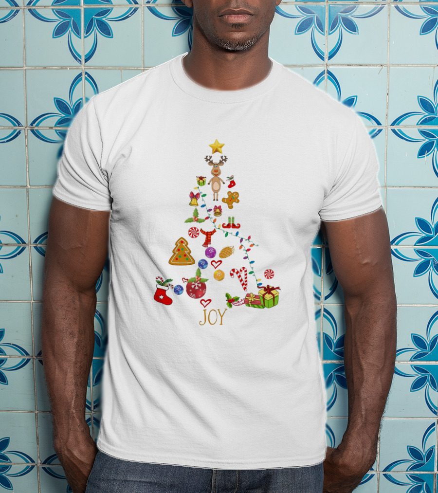 Joyful Merry Xmas Tree With Festive Ornaments And Reindeer Star Topper T-Shirt
