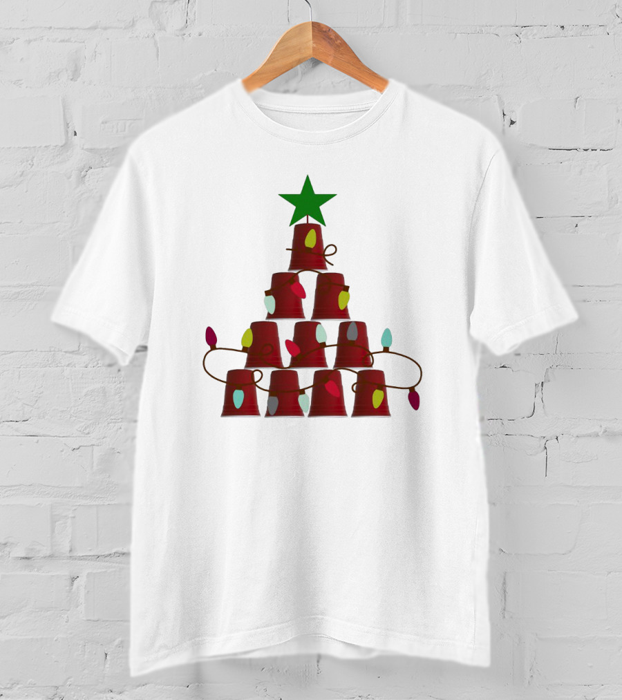 Red Cup Stacked Christmas Tree With Lights And Star Topper T-Shirt
